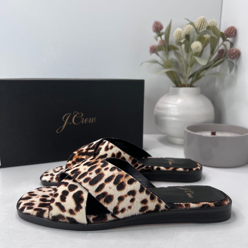 J. Crew Cross-strap Calf Hair Wedge Sandal Ivory Leopard AJ146 Women's 6 NWB